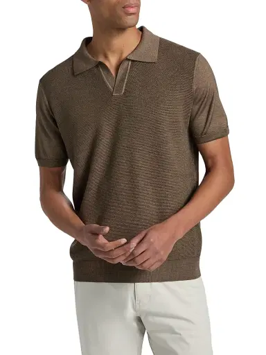 Canali Men's Micro-Stitch Wool-Silk Johnny Collar Polo Shirt | Thumbnail 3 Canali Men's Micro-Stitch Wool-Silk Johnny Collar Polo Shirt | Thumbnail 3