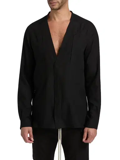 Rick Owens Men's Larry Fogpocket Surplice V-Neck Wool Shirt - Black - Size 44 | Thumbnail 3 Rick Owens Men's Larry Fogpocket Surplice V-Neck Wool Shirt - Black - Size 44 | Thumbnail 3
