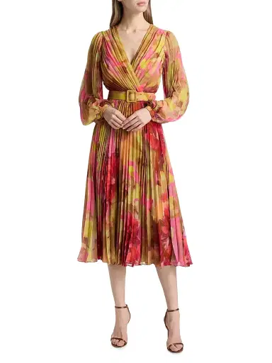 Badgley Mischka Women's Floral Pleated Belted Midi-Dress - Pink Multi | Thumbnail 2 Badgley Mischka Women's Floral Pleated Belted Midi-Dress - Pink Multi | Thumbnail 2