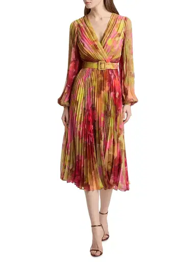 Badgley Mischka Women's Floral Pleated Belted Midi-Dress - Pink Multi | Thumbnail 3 Badgley Mischka Women's Floral Pleated Belted Midi-Dress - Pink Multi | Thumbnail 3