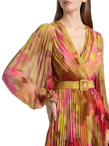 Badgley Mischka Women's Floral Pleated Belted Midi-Dress - Pink Multi | Thumbnail 6 Badgley Mischka Women's Floral Pleated Belted Midi-Dress - Pink Multi | Thumbnail 6