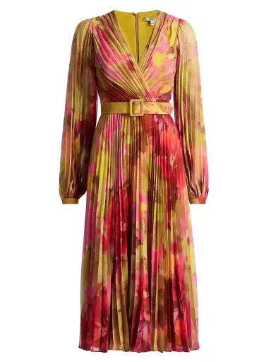 Badgley Mischka Women's Floral Pleated Belted Midi-Dress - Pink Multi | Thumbnail 1 Badgley Mischka Women's Floral Pleated Belted Midi-Dress - Pink Multi | Thumbnail 1