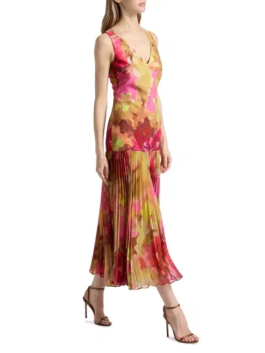 Badgley Mischka Women's Floral Pleated Dropwaist Cocktail Dress - Pink Multi | Thumbnail 2 Badgley Mischka Women's Floral Pleated Dropwaist Cocktail Dress - Pink Multi | Thumbnail 2