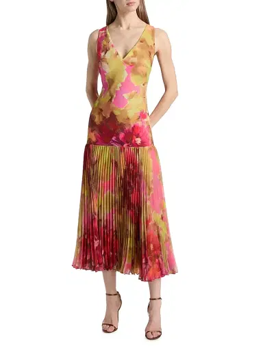 Badgley Mischka Women's Floral Pleated Dropwaist Cocktail Dress - Pink Multi | Thumbnail 3 Badgley Mischka Women's Floral Pleated Dropwaist Cocktail Dress - Pink Multi | Thumbnail 3