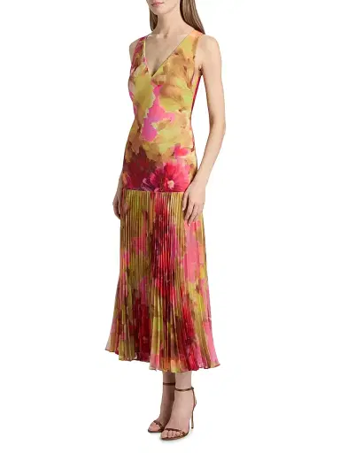 Badgley Mischka Women's Floral Pleated Dropwaist Cocktail Dress - Pink Multi | Thumbnail 4 Badgley Mischka Women's Floral Pleated Dropwaist Cocktail Dress - Pink Multi | Thumbnail 4