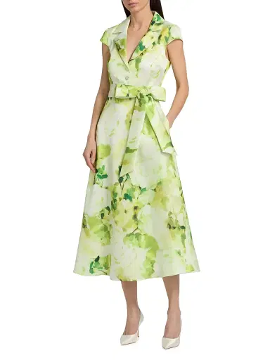 Badgley Mischka Women's Belted Floral A-Line Midi-Dress - Lime | Thumbnail 2 Badgley Mischka Women's Belted Floral A-Line Midi-Dress - Lime | Thumbnail 2