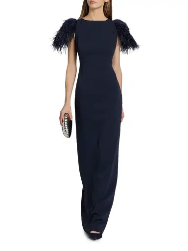 Badgley Mischka Women's Feather Cuff Odessa Crepe Column Gown - Navy | Thumbnail 2 Badgley Mischka Women's Feather Cuff Odessa Crepe Column Gown - Navy | Thumbnail 2
