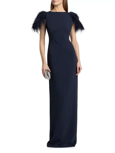 Badgley Mischka Women's Feather Cuff Odessa Crepe Column Gown - Navy | Thumbnail 3 Badgley Mischka Women's Feather Cuff Odessa Crepe Column Gown - Navy | Thumbnail 3
