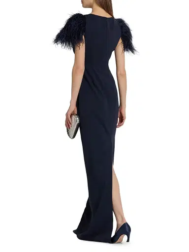 Badgley Mischka Women's Feather Cuff Odessa Crepe Column Gown - Navy | Thumbnail 5 Badgley Mischka Women's Feather Cuff Odessa Crepe Column Gown - Navy | Thumbnail 5