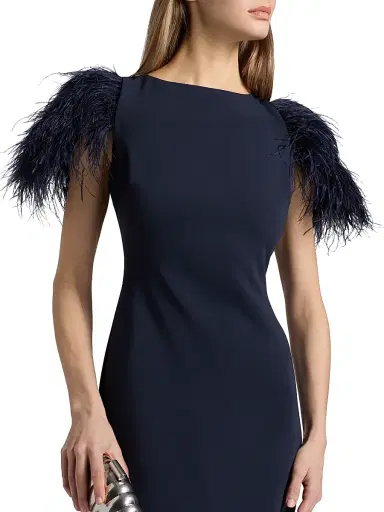 Badgley Mischka Women's Feather Cuff Odessa Crepe Column Gown - Navy | Thumbnail 6 Badgley Mischka Women's Feather Cuff Odessa Crepe Column Gown - Navy | Thumbnail 6