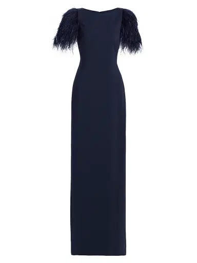 Badgley Mischka Women's Feather Cuff Odessa Crepe Column Gown - Navy | Thumbnail 1 Badgley Mischka Women's Feather Cuff Odessa Crepe Column Gown - Navy | Thumbnail 1