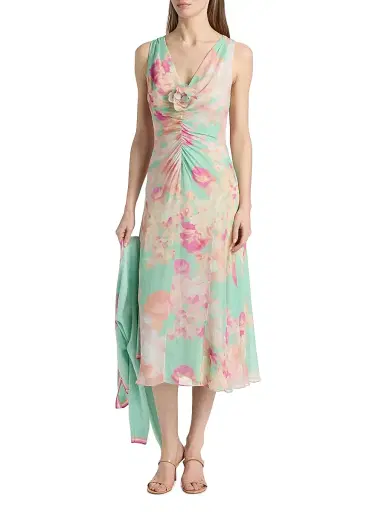 Teri Jon by Rickie Freeman Women's Floral Silk Chiffon Ruched-Front Midi-Dress - Mint Multi - Size 16 | Thumbnail 3 Teri Jon by Rickie Freeman Women's Floral Silk Chiffon Ruched-Front Midi-Dress - Mint Multi - Size 16 | Thumbnail 3