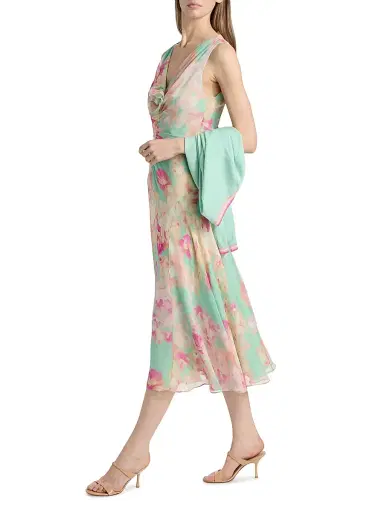 Teri Jon by Rickie Freeman Women's Floral Silk Chiffon Ruched-Front Midi-Dress - Mint Multi - Size 16 | Thumbnail 4 Teri Jon by Rickie Freeman Women's Floral Silk Chiffon Ruched-Front Midi-Dress - Mint Multi - Size 16 | Thumbnail 4