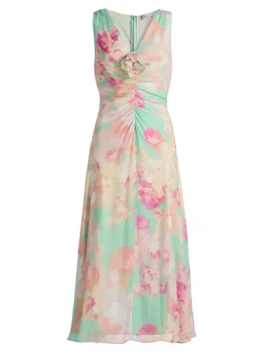 Teri Jon by Rickie Freeman Women's Floral Silk Chiffon Ruched-Front Midi-Dress - Mint Multi - Size 16 | Thumbnail 1 Teri Jon by Rickie Freeman Women's Floral Silk Chiffon Ruched-Front Midi-Dress - Mint Multi - Size 16 | Thumbnail 1