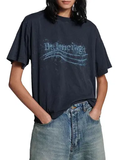 Balenciaga Women's Washed Crayon Political Medium Fit T-Shirt - Faded Black | Thumbnail 2 Balenciaga Women's Washed Crayon Political Medium Fit T-Shirt - Faded Black | Thumbnail 2