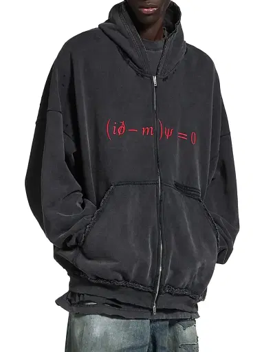 Balenciaga Men's Dirac Equation Pulled Zip-Up Large Fit Hoodie - Washed Black Red | Thumbnail 2 Balenciaga Men's Dirac Equation Pulled Zip-Up Large Fit Hoodie - Washed Black Red | Thumbnail 2