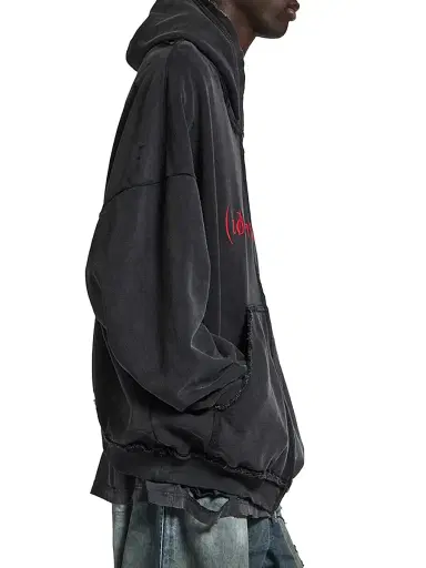 Balenciaga Men's Dirac Equation Pulled Zip-Up Large Fit Hoodie - Washed Black Red | Thumbnail 4 Balenciaga Men's Dirac Equation Pulled Zip-Up Large Fit Hoodie - Washed Black Red | Thumbnail 4