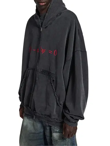 Balenciaga Men's Dirac Equation Pulled Zip-Up Large Fit Hoodie - Washed Black Red | Thumbnail 5 Balenciaga Men's Dirac Equation Pulled Zip-Up Large Fit Hoodie - Washed Black Red | Thumbnail 5