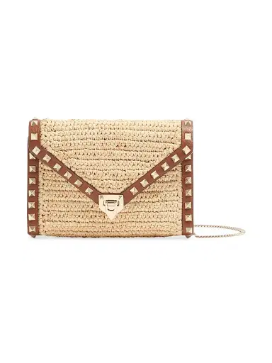Valentino Garavani Women's Mini Rockstud Raffia Shoulder Bag - Saddle Brown | Thumbnail 1 Valentino Garavani Women's Mini Rockstud Raffia Shoulder Bag - Saddle Brown | Thumbnail 1