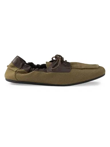 Prada Men's Shuffle Aged Canvas and Leather Boat Shoes - Green | Thumbnail 1 Prada Men's Shuffle Aged Canvas and Leather Boat Shoes - Green | Thumbnail 1