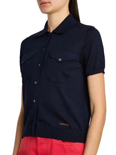 Versace Women's Embroidered Wool Knit Short-Sleeve Cardigan - Navy - Size 10 | Thumbnail 6 Versace Women's Embroidered Wool Knit Short-Sleeve Cardigan - Navy - Size 10 | Thumbnail 6