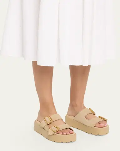 Prada Triangle Logo Suede Dual-Buckle Platform Sandals | Thumbnail 2 Prada Triangle Logo Suede Dual-Buckle Platform Sandals | Thumbnail 2