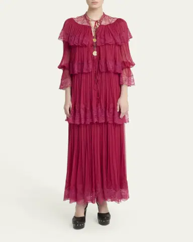 Chloé Tiered Lace Ruffle Silk Mousseline Gown | Thumbnail 2 Chloé Tiered Lace Ruffle Silk Mousseline Gown | Thumbnail 2