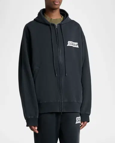 Balenciaga Men's Masking Tape Oversized-Fit Faded Fleece Full-Zip Hoodie | Thumbnail 3 Balenciaga Men's Masking Tape Oversized-Fit Faded Fleece Full-Zip Hoodie | Thumbnail 3
