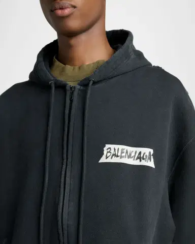 Balenciaga Men's Masking Tape Oversized-Fit Faded Fleece Full-Zip Hoodie | Thumbnail 4 Balenciaga Men's Masking Tape Oversized-Fit Faded Fleece Full-Zip Hoodie | Thumbnail 4