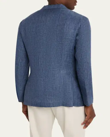 Boglioli Men's Plaid Linen Denim Single-Breasted Blazer | Thumbnail 3 Boglioli Men's Plaid Linen Denim Single-Breasted Blazer | Thumbnail 3