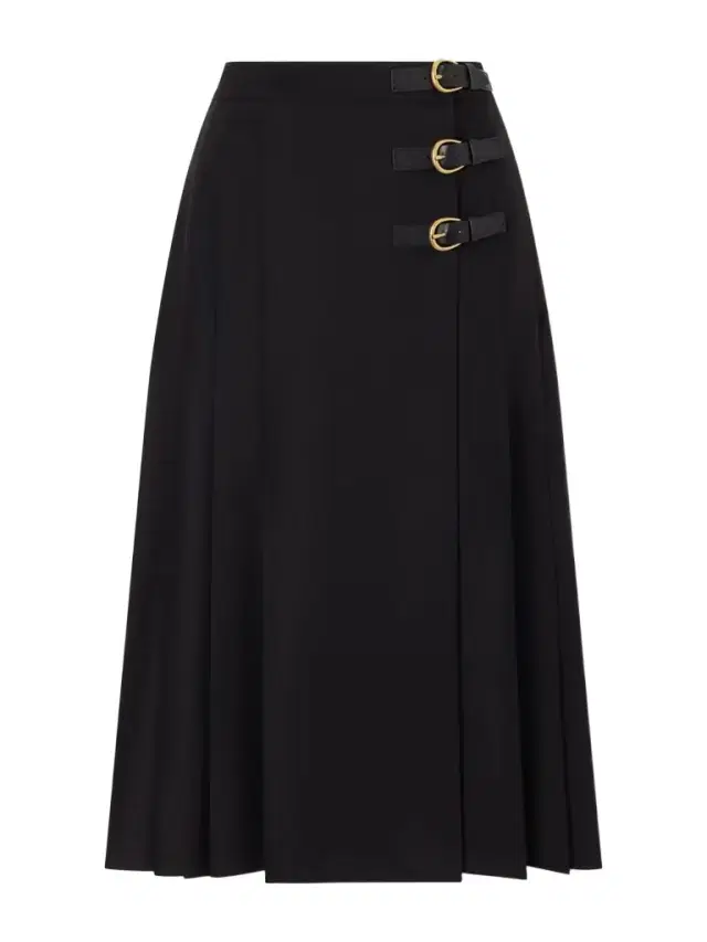 Pleated Leather-trimmed Grain De Poudre Wool Midi Skirt Pleated Leather-trimmed Grain De Poudre Wool Midi Skirt