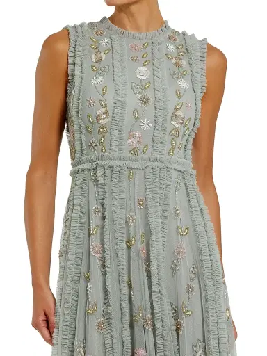 Mac Duggal Women's Petite Floral-Embroidered Ruffled Mesh Gown - Sage Multi - Size Petite 14 | Thumbnail 3 Mac Duggal Women's Petite Floral-Embroidered Ruffled Mesh Gown - Sage Multi - Size Petite 14 | Thumbnail 3