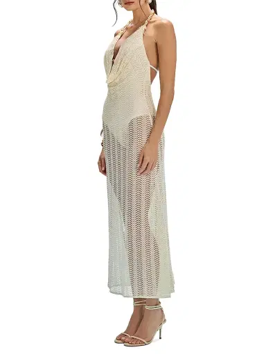 PatBo Women's Wave Mesh Halterneck Dress - Off White - Size Medium | Thumbnail 4 PatBo Women's Wave Mesh Halterneck Dress - Off White - Size Medium | Thumbnail 4