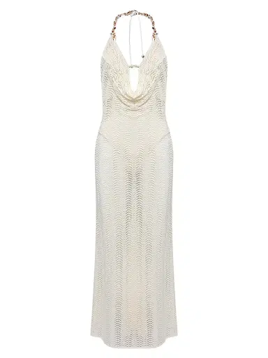 PatBo Women's Wave Mesh Halterneck Dress - Off White - Size Medium | Thumbnail 1 PatBo Women's Wave Mesh Halterneck Dress - Off White - Size Medium | Thumbnail 1