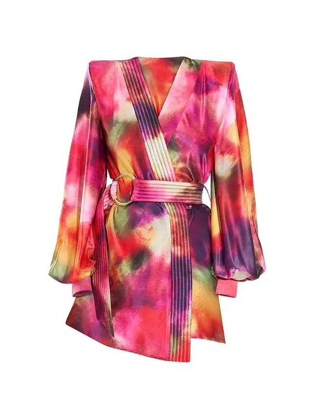 Women's Cala Conta Tie-Dye Satin Tie-Waist Minidress Women's Cala Conta Tie-Dye Satin Tie-Waist Minidress