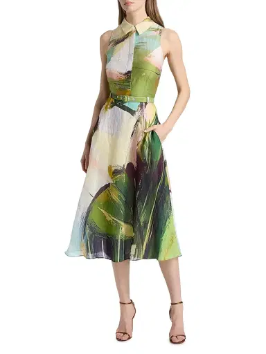 Teri Jon by Rickie Freeman Women's Abstract Print Cotton Midi-Shirtdress - Green Multi | Thumbnail 2 Teri Jon by Rickie Freeman Women's Abstract Print Cotton Midi-Shirtdress - Green Multi | Thumbnail 2