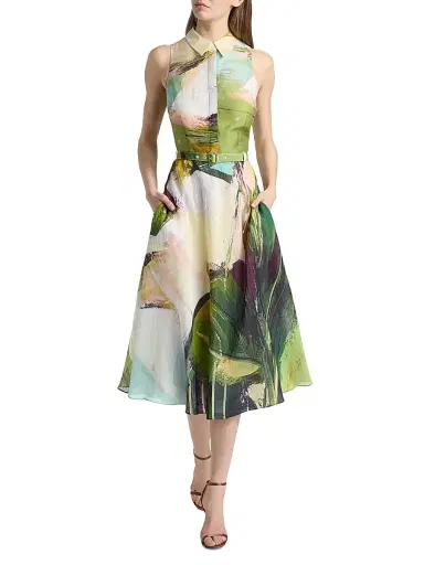 Teri Jon by Rickie Freeman Women's Abstract Print Cotton Midi-Shirtdress - Green Multi | Thumbnail 3 Teri Jon by Rickie Freeman Women's Abstract Print Cotton Midi-Shirtdress - Green Multi | Thumbnail 3