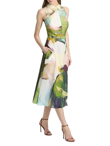 Teri Jon by Rickie Freeman Women's Abstract Print Cotton Midi-Shirtdress - Green Multi | Thumbnail 4 Teri Jon by Rickie Freeman Women's Abstract Print Cotton Midi-Shirtdress - Green Multi | Thumbnail 4