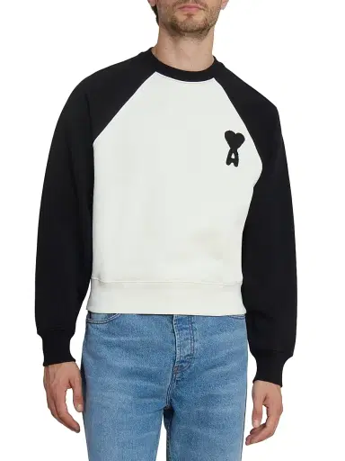 AMI Paris Men's Boxy Crochet Ami De Coeur Raglan Sweatshirt - Blanc Creme Noir | Thumbnail 3 AMI Paris Men's Boxy Crochet Ami De Coeur Raglan Sweatshirt - Blanc Creme Noir | Thumbnail 3
