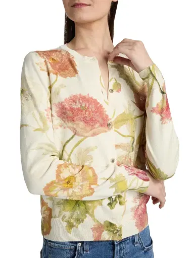 Carolina Herrera Women's Floral Silk-Cotton Cardigan - Almond Multi - Size Large | Thumbnail 6 Carolina Herrera Women's Floral Silk-Cotton Cardigan - Almond Multi - Size Large | Thumbnail 6