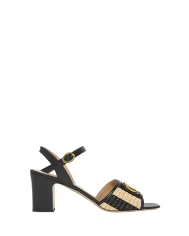 Valentino Garavani 75mm VLogo Leather and Striped Raffia Ankle-Strap Sandals | Thumbnail 1 Valentino Garavani 75mm VLogo Leather and Striped Raffia Ankle-Strap Sandals | Thumbnail 1