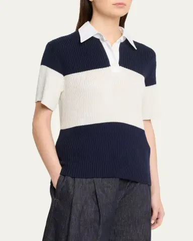 Brunello Cucinelli Shimmering Striped Cotton Rib Short-Sleeve Polo Sweater | Thumbnail 4 Brunello Cucinelli Shimmering Striped Cotton Rib Short-Sleeve Polo Sweater | Thumbnail 4