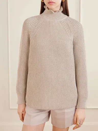 Max Mara Camino Ruffled Ribbed-knit Cotton Sweater | Thumbnail 3 Max Mara Camino Ruffled Ribbed-knit Cotton Sweater | Thumbnail 3