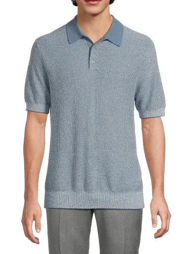 Vince Men's Textured Wool-Cotton-Blend Jacquard Polo Shirt - Uniform Blue Classic Cream | Thumbnail 3 Vince Men's Textured Wool-Cotton-Blend Jacquard Polo Shirt - Uniform Blue Classic Cream | Thumbnail 3