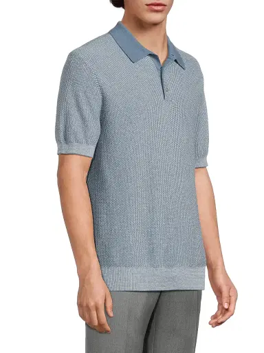 Vince Men's Textured Wool-Cotton-Blend Jacquard Polo Shirt - Uniform Blue Classic Cream | Thumbnail 4 Vince Men's Textured Wool-Cotton-Blend Jacquard Polo Shirt - Uniform Blue Classic Cream | Thumbnail 4