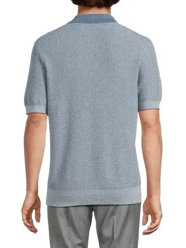 Vince Men's Textured Wool-Cotton-Blend Jacquard Polo Shirt - Uniform Blue Classic Cream | Thumbnail 5 Vince Men's Textured Wool-Cotton-Blend Jacquard Polo Shirt - Uniform Blue Classic Cream | Thumbnail 5