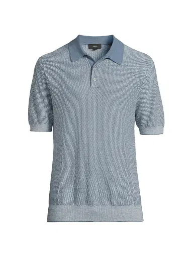 Vince Men's Textured Wool-Cotton-Blend Jacquard Polo Shirt - Uniform Blue Classic Cream | Thumbnail 1 Vince Men's Textured Wool-Cotton-Blend Jacquard Polo Shirt - Uniform Blue Classic Cream | Thumbnail 1