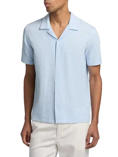 Vince Men's Striped Seersucker Stretch-Cotton Camp Shirt - Rainwater Optic White | Thumbnail 3 Vince Men's Striped Seersucker Stretch-Cotton Camp Shirt - Rainwater Optic White | Thumbnail 3