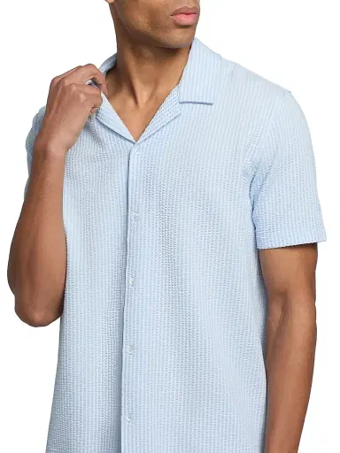 Vince Men's Striped Seersucker Stretch-Cotton Camp Shirt - Rainwater Optic White | Thumbnail 6 Vince Men's Striped Seersucker Stretch-Cotton Camp Shirt - Rainwater Optic White | Thumbnail 6