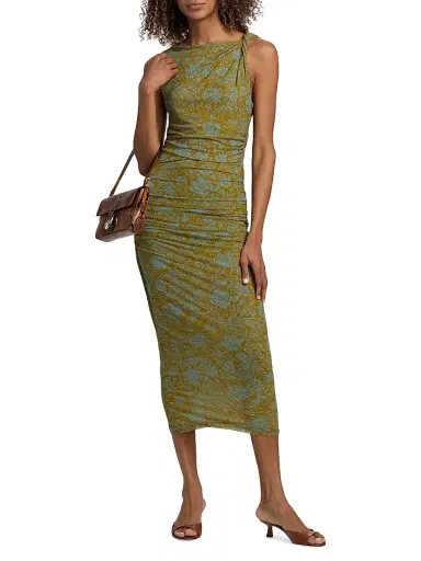 Veronica Beard Women's Otessa Printed Ruched Maxi Dress - Dark Goldenrod Blue Jay | Thumbnail 2 Veronica Beard Women's Otessa Printed Ruched Maxi Dress - Dark Goldenrod Blue Jay | Thumbnail 2
